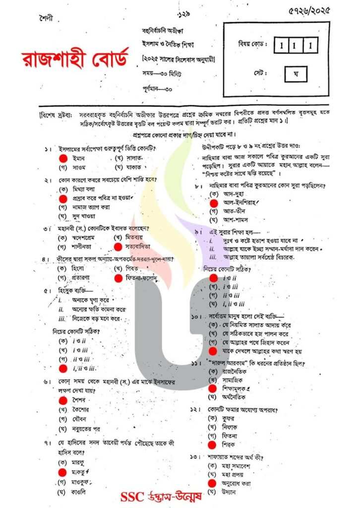 রাজশাহী বোর্ড এসএসসি ইসলাম শিক্ষা প্রশ্ন সমাধান